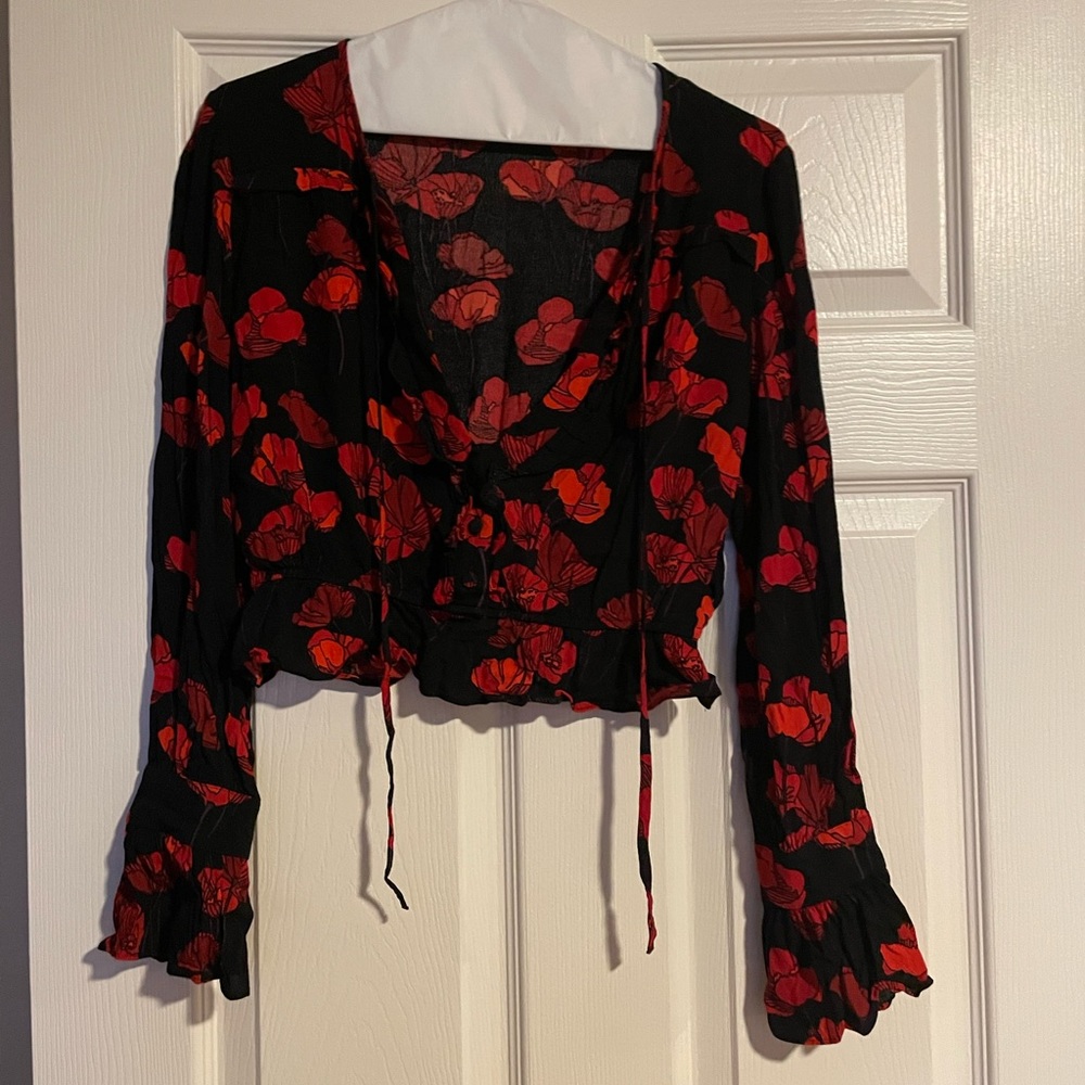 & Our Stories Floral Flower Cropped Long Sleeve Top